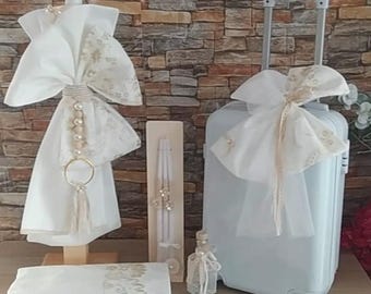 White gold lace set pearls Orthodox greek baptism style Baby girl christening Candle Towel set Keepsake luggage Oil set Handmade unique gift