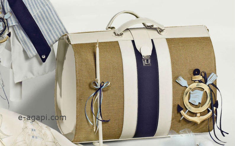 Greek baptism baby boy Baptism bag Anchor theme Navy baptism Marine baptismal set Orthodox christening Keepsake bag Godson gift burlap style image 1