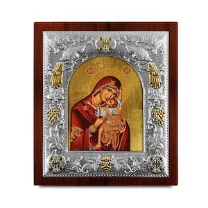 Mary and Jesus Silver hagiography byzantine icon Wood frame Greek baptism gift Religious wedding present Handmade in Greece