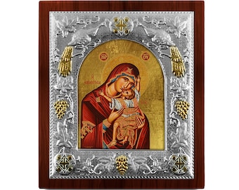 Mary and Jesus Silver hagiography byzantine icon Wood frame Greek baptism gift Religious wedding present Handmade in Greece