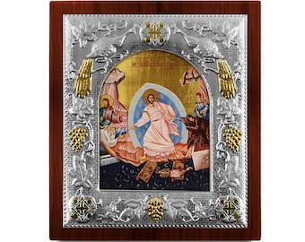 Resurrection hagiography byzantine icon Wood frame Greek Easter gift Religious present Handmade in Greece - certification included