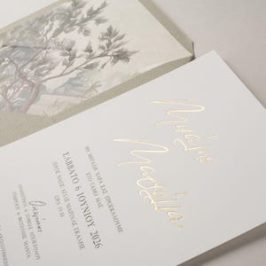 Letras doradas FÍSICA Árbol forestal Floral Invitaciones de boda en sobre Invitaciones para invitados a la fiesta posterior a la boda Tarjeta de invitación única