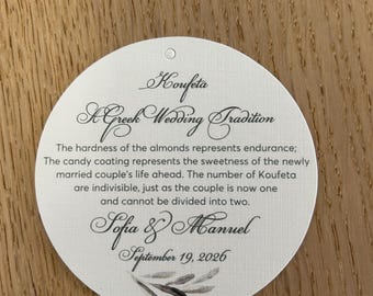 Olive wedding Personalized tag Size 8 cm Customize favors Koufeta meaning