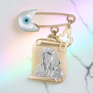 14k gold Religious safety pin cross evil eye Greek baptism martyrika Baby martirika Girl Boy christening gift Lucky charm Goddaughter Godson