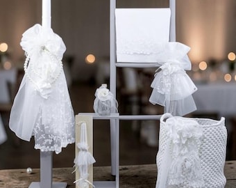 Elegant white Pearls greek baptism set Baby girl christening Candle Towel set Keepsake bag Oil set Handmade unique gifts Orthodox baptism