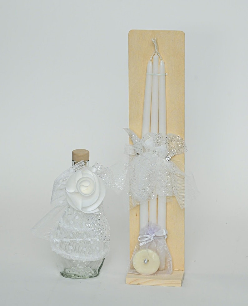 White sparkle Baby girl baptism set options Candle Towel set Oil set Bow for bag or candle Orthodox church ceremony Gift from godmother image 2