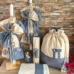 Gepersonaliseerde kroon of vliegtuig Griekse doop Reisstijl doop babyjongen Kaars Handdoekenset Aandenken tas Olieset Handgemaakte elegante Peetzoon