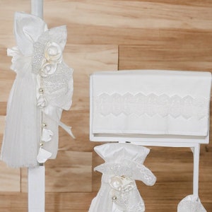 White sparkle Baby girl baptism set options Candle Towel set Oil set Bow for bag or candle Orthodox church ceremony Gift from godmother image 1