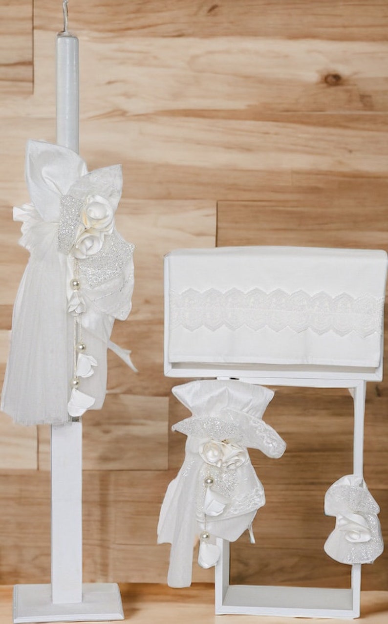 White sparkle Baby girl baptism set options Candle Towel set Oil set Bow for bag or candle Orthodox church ceremony Gift from godmother image 1