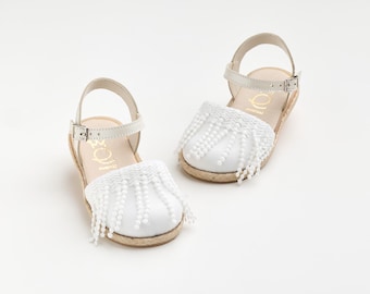 Boho girl espadrilles Summer shoes White Leather sandals with lace Wedding Christening luxury First steps toddler shoes Size 19 - 25 EU