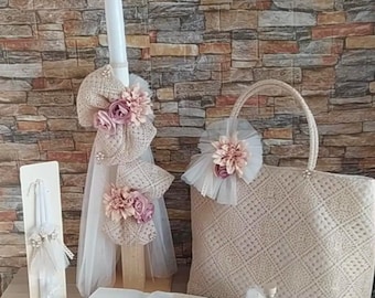Lace set Greek baptism style Baby girl christening Candle Towel set Keepsake bag Oil set Handmade unique gifts
