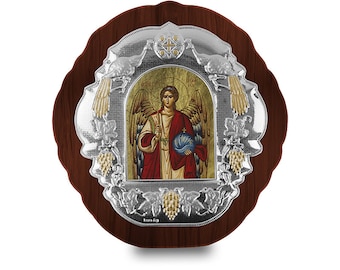 Archangel Michael Hagiography Silver byzantine icon Wood frame Greek baptism gift Religious wedding present Handmade in Greece