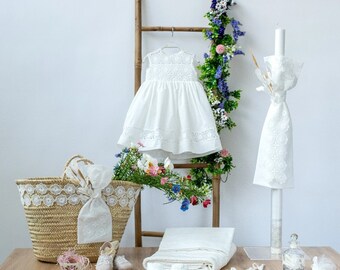 Summer complete baptism set Dress Keepsake bag Candle Towel set Bottle Soap Traditional church ceremony Baby girl handmade christening gift