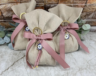 Dusty pink Evil eye keychain favors Baptism Wedding bomboniere Greek favors with koufeta Guests gifts pouch Unique rustic elegant style
