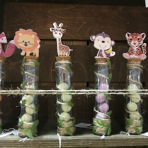 Test tube JUNGLE favors glass Greek koufeta guests gifts Baby boys baptism souvenirs Christening rustic chic event ideas Animals party theme image 1