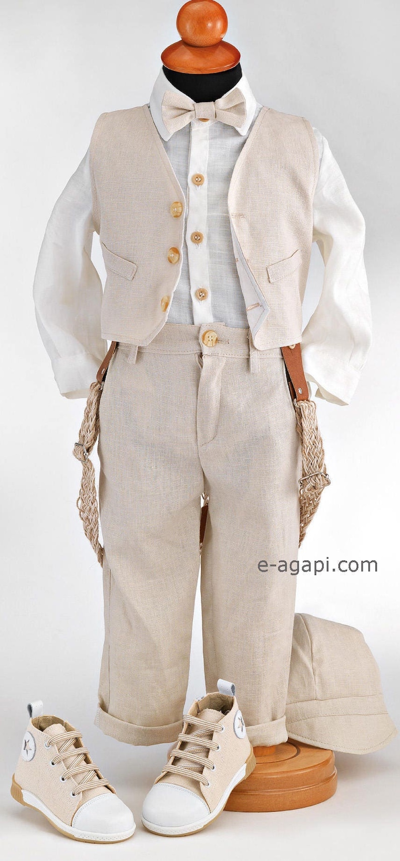 Couture Baby boy baptism outfit set Greek baptism suit ecru white christening suit Pants suspenders Bow tie baby boy Wedding toddler suit image 1