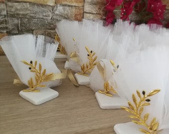 Gold Olive branch on ceramic Favors wedding ornament souvenirs Greek bomboniere koufeta Baptism guest gifts Good luck gift