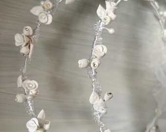 Porcelain flowers & crystals wedding crowns Greek stefana orthodox couple tiara Stephana handmade Romantic ceremony Bridal hair accessories
