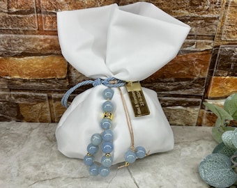 Customizable Mini Komboloi Dusty blue favors with cross Baptism thank you guests gifts Wedding souvenirs Koufeta confetti giveaways