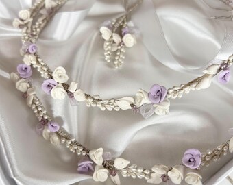 Swarovski lilac stefana and candles options Wedding handmade porcelain flowers  wedding crowns Greek stephana orthodox Couple tiara gift