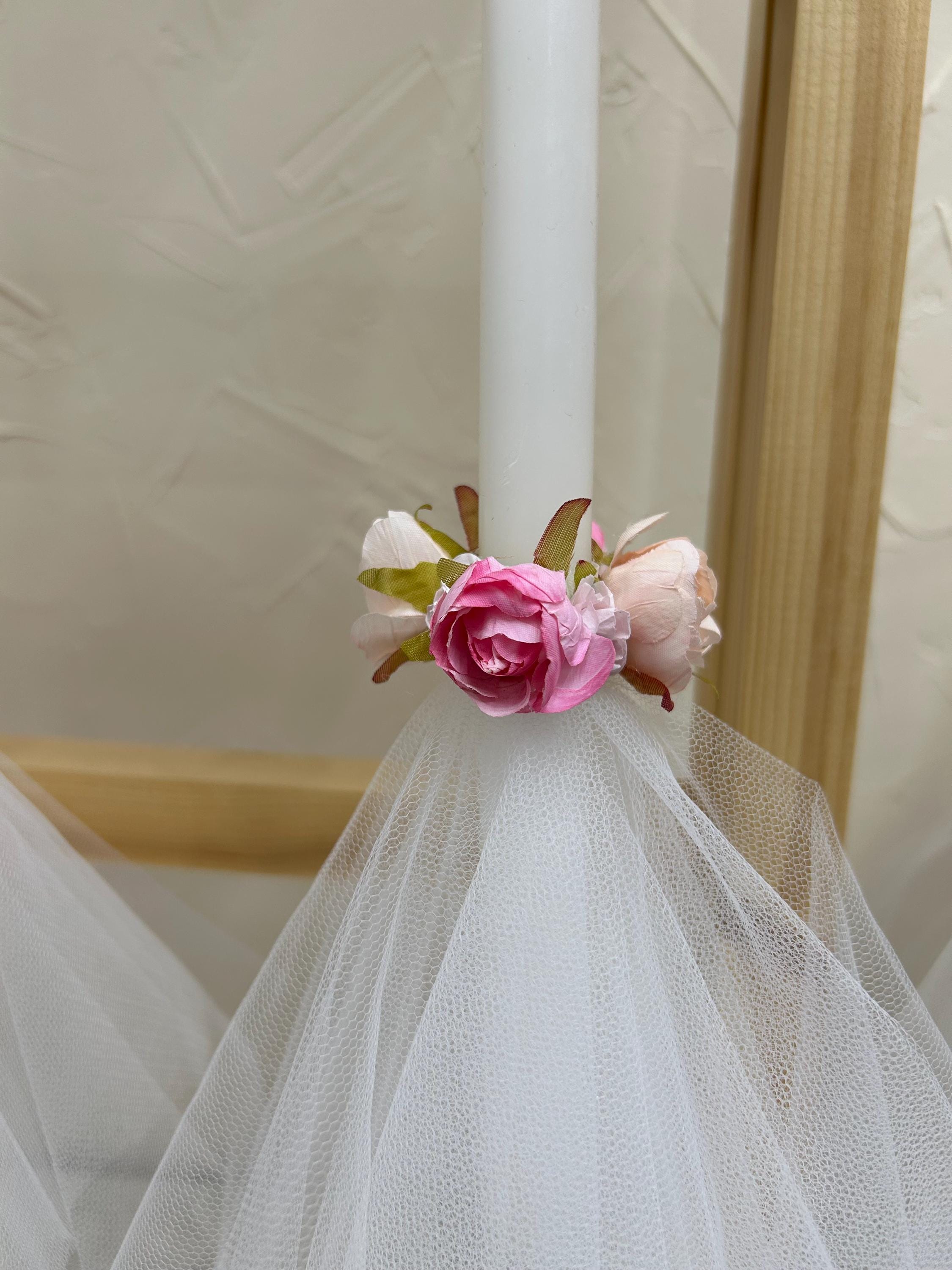 Candela Stampata Personalizzata GRAVURZEILE – Corona Di Fiori – Rosa – 250x80 Mm – Per Battesimo, Comunione, Matrimonio