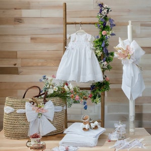 Wheat summer Complete baptism set Dress Keepsake wicker bag Candle Towel set Bottle Soap Orthodox christening Baby girl Handmade