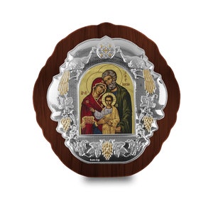 Sagrada Familia Icono bizantino de plata Marco ovalado de madera negro Regalo de bautismo griego Regalo de boda religiosa Hecho a mano en Grecia Certificado incluido