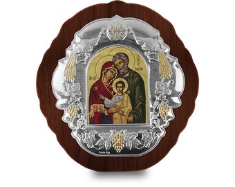 Holy family Hagiography Silver byzantine icon Wood frame Greek baptism gift Religious wedding present Handmade in Greece certificate include