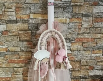 Rainbow baby girl bohemian chic Baptism set Candle Bag Towel set Oil set Orthodox church ceremony Gift from godmother