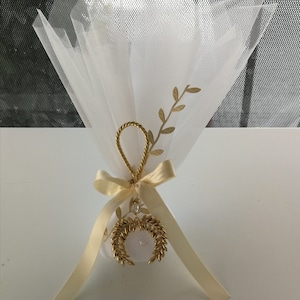 Impressionanti ghirlande di ulivo in acciaio inossidabile placcato oro 24K Bomboniere per matrimonio in tulle alto Souvenir per spose con coriandoli koufeta