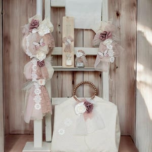 Vintage set vlinder Griekse doopstijl babymeisje doop Kaars Handdoekenset Aandenkendoos Olieset Handgemaakt uniek cadeau Orthodoxe ceremonie
