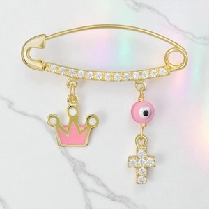 Lucky charms 9k gold Princess safety pin Cross Crown Evil eye Greek baptism martyrika Baby girl christening Goddaughter gift