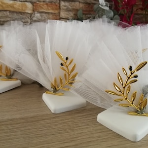 Verde salvia Oro Ramo d'ulivo su marmo Bomboniere Ornamento per matrimonio Souvenir Bomboniera greca Koufeta Regali per gli ospiti del battesimo Regalo di buona fortuna