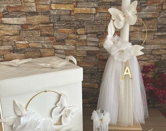 Leather Butterfly complete baptism set Dress Bag Candle Towel set Bottle Soap Traditional ceremony Baby girl handmade christening