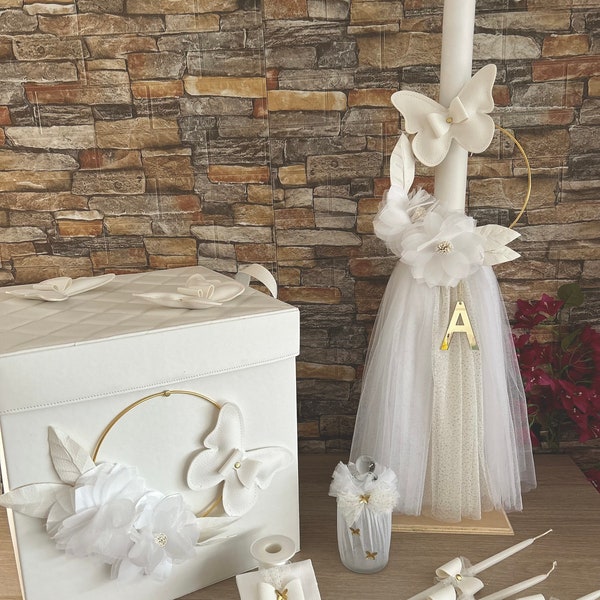 Leather Butterfly complete baptism set Dress Bag Candle Towel set Bottle Soap Traditional ceremony Baby girl handmade christening