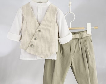 Conjunto de lino lavado para bebé niño, traje de bautismo ortodoxo griego, beige, verde pistacho, conjunto formal para bodas y fiestas infantiles, bautizo. Diseño único.