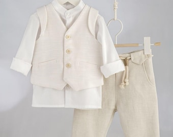 Casual Couture outfit Baby boy Orthodox greek baptism suit Off white Beige Toddler formal wedding Party set christening Unique design