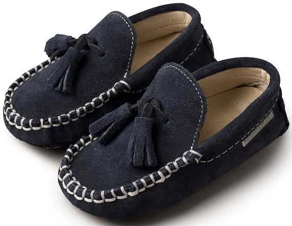 Moccasins Blue Baby Boy Shoes Leather and Suede Baby Boy Wedding