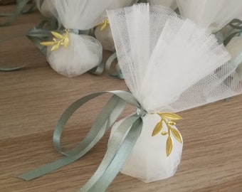 Olive favors Baptism bomboniere White wedding Greek favors with koufeta Christening guests gifts Tulle pouch greek  Unique grecian style