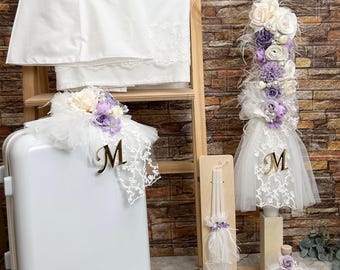 Purple floral Personalized complete baptism set Luggage Candle Towel set Bottle Soap Traditional ceremony Baby girl orthodox christening