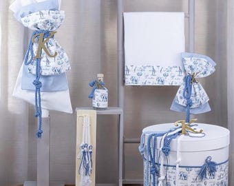 Safari in white and blue Greek baptism set personalized Baby boy christening Candle Towel set Keepsake box Oil set Handmade orthodox baptism