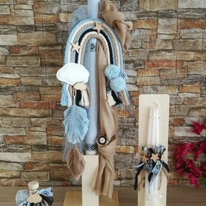 Macrame rainbow Baby boy baptism set Candle Bag Towel set Oil set Orthodox church ceremony Gift from godmother