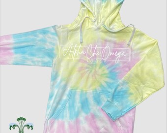 Sorority Pastel Rainbow Tie Dye Hooded Sweatshirt Light and Scripty