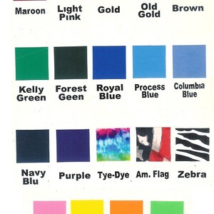 May include: A chart of vinyl colours with names for each colour. The colours include white, black, grey, silver, red, maroon, light pink, gold, old gold, brown, kelly green, forest green, royal blue, process blue, columbia blue, navy blue, purple, tie-dye, American flag, zebra, neon pink, neon yellow, neon orange, neon green, sparkle gold, sparkle silver, sparkle red, sparkle pink, sparkle purple, sparkle green, sparkle blue, metallic gold, metallic silver, and metallic pink.