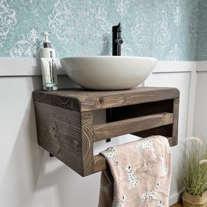 rustic towel rail washstand sink unit hand crafted rustic bathroom vanity unit Wooden vanity countertop shelf  shelving shelf