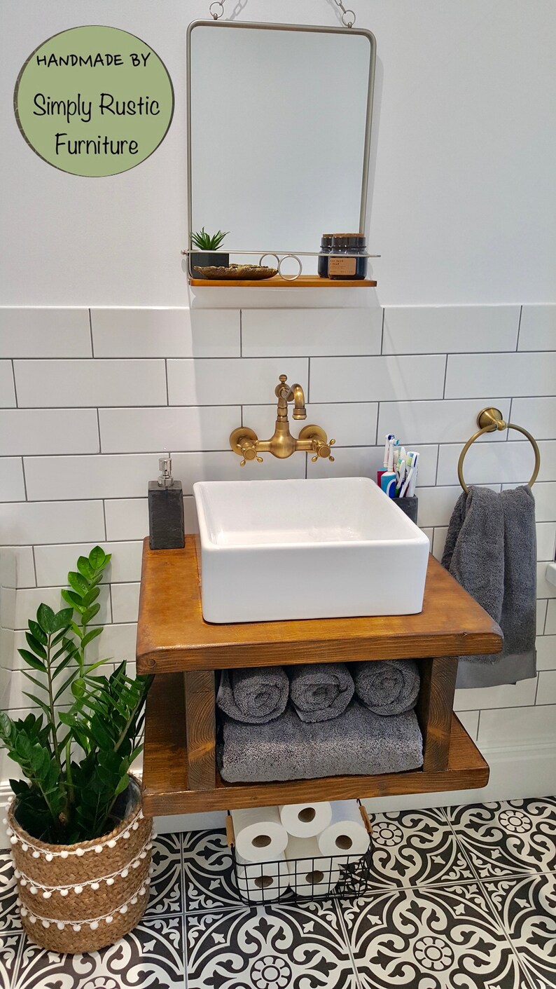 The Nest Wash Stand Hand Crafted Rustic Bathroom Vanity Unit Wooden Industrial With Brackets Shelving Shelf