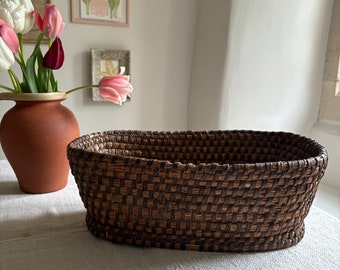 Large French Antique Rye Work Produce Basket - Rustic Home Goods