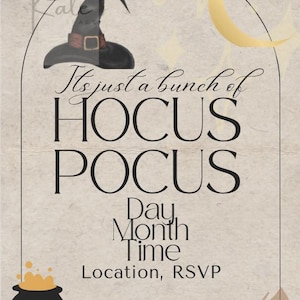 Könnte beinhalten: Eine druckbare Halloween-Partyeinladung mit einem Hexenhut, einem Halbmond, einem Kessel und einem Besen. Der Text lautet "It's just a bunch of HOCUS POCUS" und bietet Platz für Tag, Monat, Uhrzeit, Ort und RSVP.