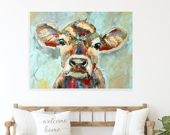 Baby cow large 30 x 40 hand painted CANVAS PRINT, Charcoal Baby Jersey Cow