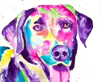 Colorful Black Lab Watercolor Print, Black Lab dog gifts,  pet portrait, pet lover, perros, art deco, colorful dog